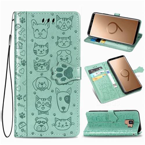 Embossing Dog Paw Kitten and Puppy Leather Wallet Case for Samsung Galaxy S9 - Green