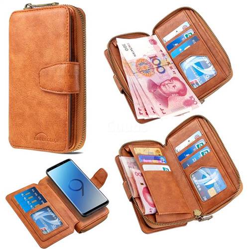 Binfen Color Retro Buckle Zipper Multifunction Leather Phone Wallet for Samsung Galaxy S9 - Brown