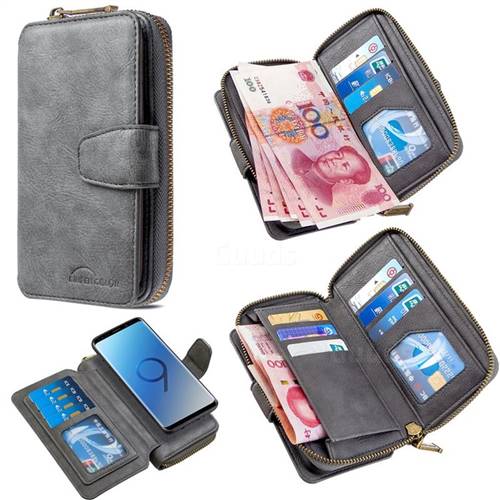 Binfen Color Retro Buckle Zipper Multifunction Leather Phone Wallet for Samsung Galaxy S9 - Gray