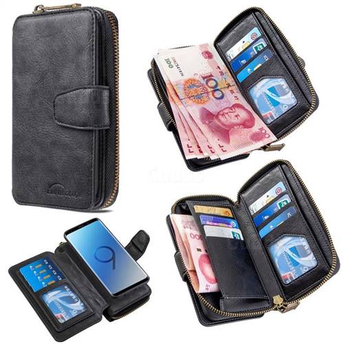 Binfen Color Retro Buckle Zipper Multifunction Leather Phone Wallet for Samsung Galaxy S9 - Black