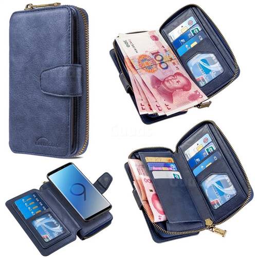 Binfen Color Retro Buckle Zipper Multifunction Leather Phone Wallet for Samsung Galaxy S9 - Blue