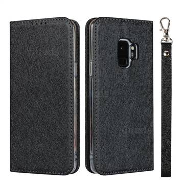 Ultra Slim Magnetic Automatic Suction Silk Lanyard Leather Flip Cover for Samsung Galaxy S9 - Black