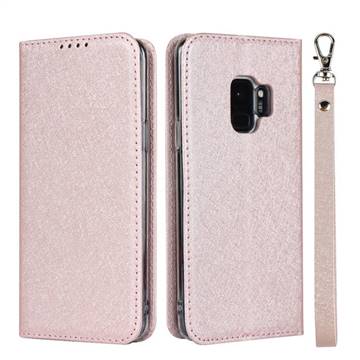 Ultra Slim Magnetic Automatic Suction Silk Lanyard Leather Flip Cover for Samsung Galaxy S9 - Rose Gold