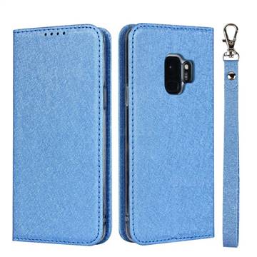 Ultra Slim Magnetic Automatic Suction Silk Lanyard Leather Flip Cover for Samsung Galaxy S9 - Sky Blue