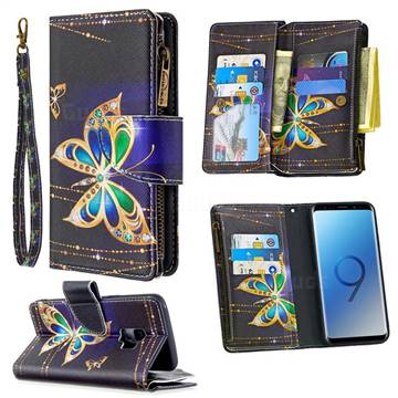 Golden Shining Butterfly Binfen Color BF03 Retro Zipper Leather Wallet Phone Case for Samsung Galaxy S9