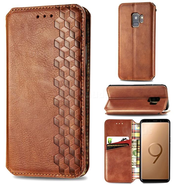 Ultra Slim Fashion Business Card Magnetic Automatic Suction Leather Flip Cover for Samsung Galaxy S9 - Brown