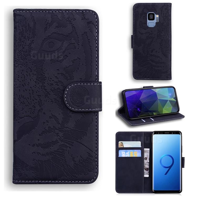 Intricate Embossing Tiger Face Leather Wallet Case for Samsung Galaxy S9 - Black