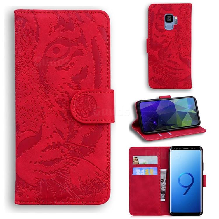 Intricate Embossing Tiger Face Leather Wallet Case for Samsung Galaxy S9 - Red