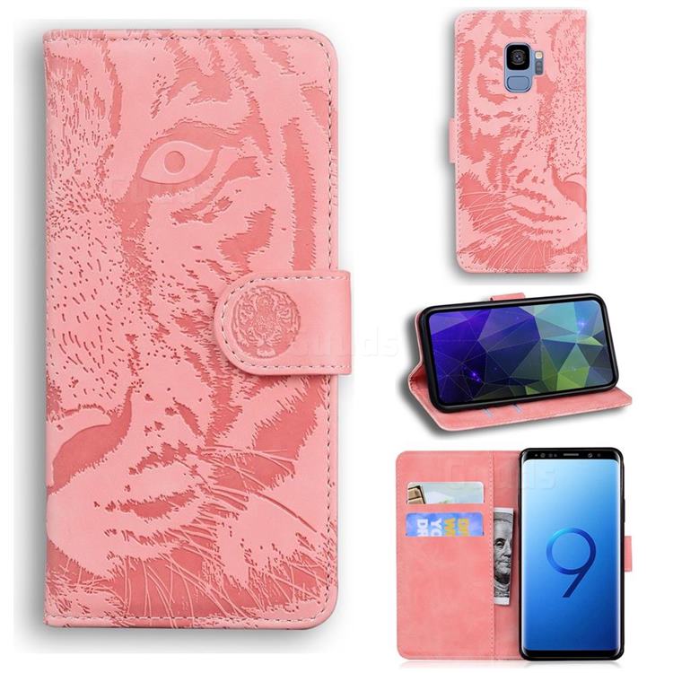 Intricate Embossing Tiger Face Leather Wallet Case for Samsung Galaxy S9 - Pink