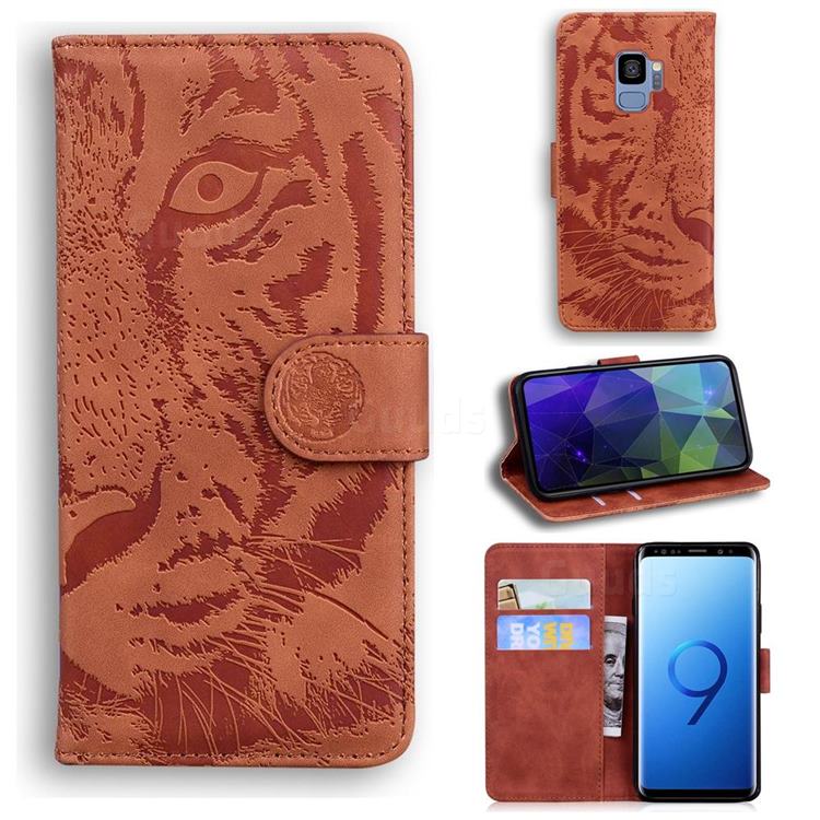 Intricate Embossing Tiger Face Leather Wallet Case for Samsung Galaxy S9 - Brown