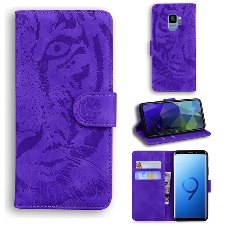 Intricate Embossing Tiger Face Leather Wallet Case for Samsung Galaxy S9 - Purple