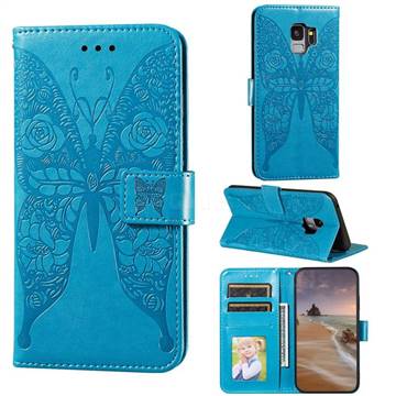 Intricate Embossing Rose Flower Butterfly Leather Wallet Case for Samsung Galaxy S9 - Blue