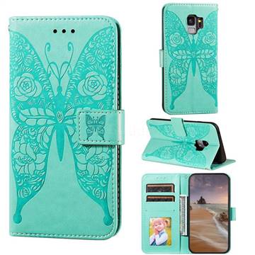 Intricate Embossing Rose Flower Butterfly Leather Wallet Case for Samsung Galaxy S9 - Green