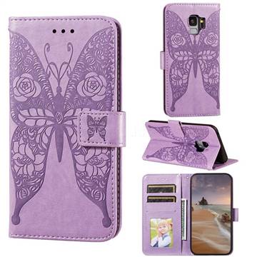 Intricate Embossing Rose Flower Butterfly Leather Wallet Case for Samsung Galaxy S9 - Purple