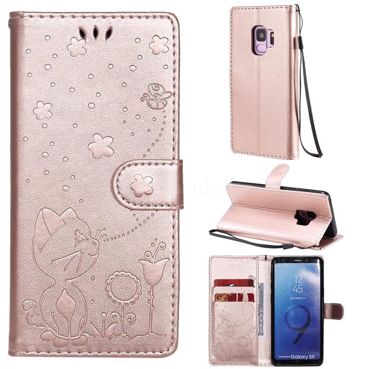 Embossing Bee and Cat Leather Wallet Case for Samsung Galaxy S9 - Rose Gold