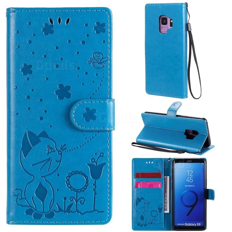 Embossing Bee and Cat Leather Wallet Case for Samsung Galaxy S9 - Blue