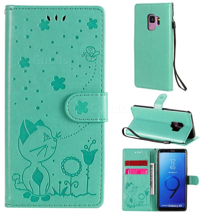 Embossing Bee and Cat Leather Wallet Case for Samsung Galaxy S9 - Green