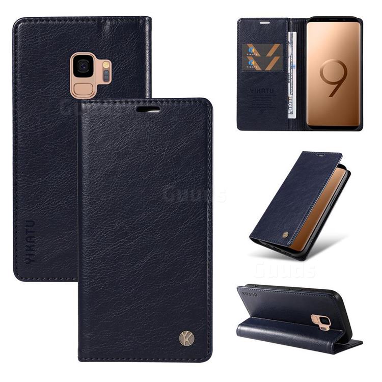 YIKATU Litchi Card Magnetic Automatic Suction Leather Flip Cover for Samsung Galaxy S9 - Navy Blue