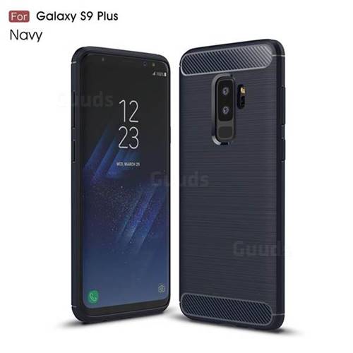 Luxury Carbon Fiber Brushed Wire Drawing Silicone TPU Back Cover for Samsung Galaxy S9 Plus(S9+) - Navy