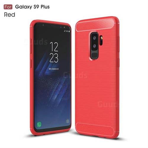 Luxury Carbon Fiber Brushed Wire Drawing Silicone TPU Back Cover for Samsung Galaxy S9 Plus(S9+) - Red