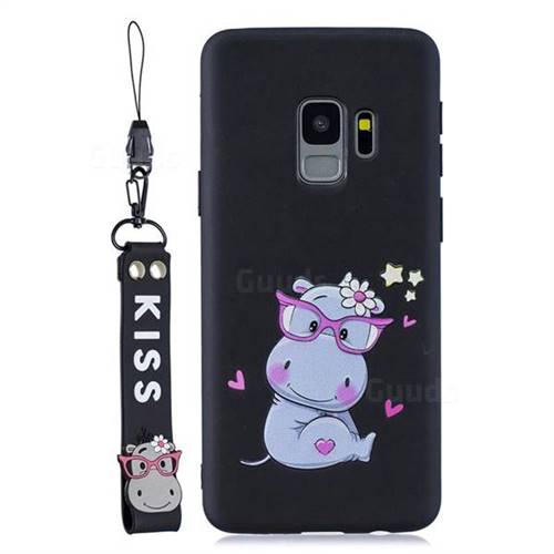 Black Flower Hippo Soft Kiss Candy Hand Strap Silicone Case for Samsung Galaxy S9 Plus(S9+)