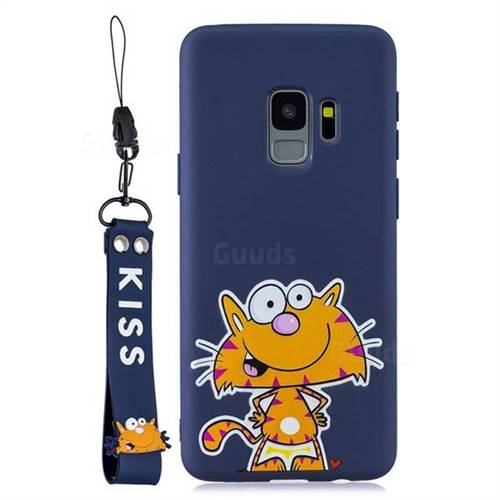 Blue Cute Cat Soft Kiss Candy Hand Strap Silicone Case for Samsung Galaxy S9 Plus(S9+)