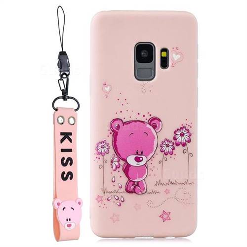 Pink Flower Bear Soft Kiss Candy Hand Strap Silicone Case for Samsung Galaxy S9 Plus(S9+)