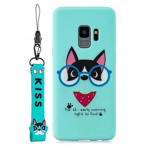 Green Glasses Dog Soft Kiss Candy Hand Strap Silicone Case for Samsung Galaxy S9 Plus(S9+)