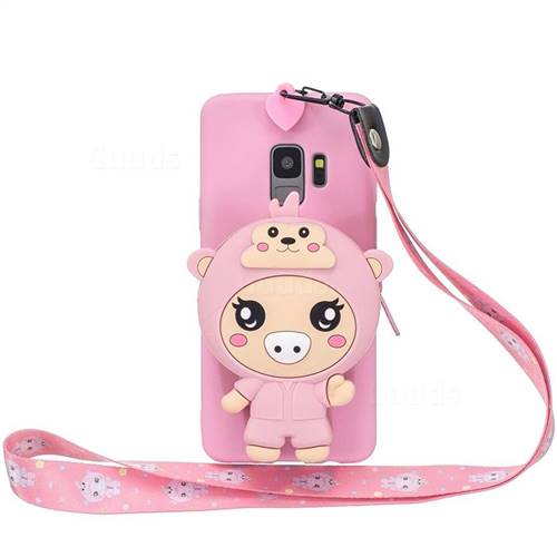 Pink Pig Neck Lanyard Zipper Wallet Silicone Case for Samsung Galaxy S9 Plus(S9+)