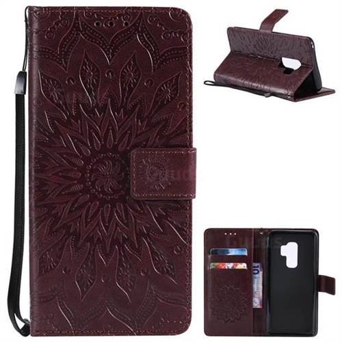 Embossing Sunflower Leather Wallet Case for Samsung Galaxy S9 Plus(S9+) - Brown