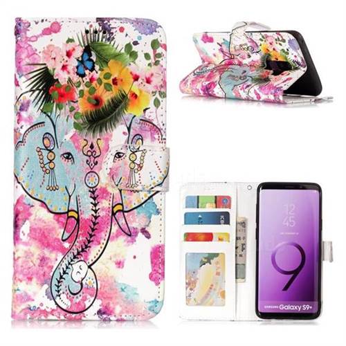 Flower Elephant 3D Relief Oil PU Leather Wallet Case for Samsung Galaxy S9 Plus(S9+)