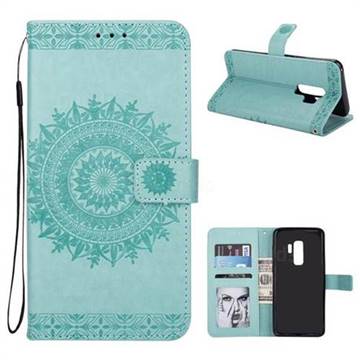 Intricate Embossing Totem Flower Leather Wallet Case for Samsung Galaxy S9 Plus(S9+) - Mint Green