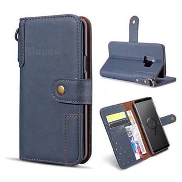 Retro Luxury Cowhide Leather Wallet Case for Samsung Galaxy S9 Plus(S9+) - Blue
