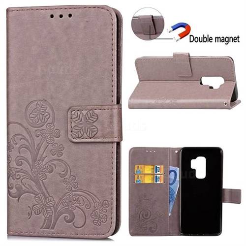 Embossing Imprint Four-Leaf Clover Leather Wallet Case for Samsung Galaxy S9 Plus(S9+) - Grey