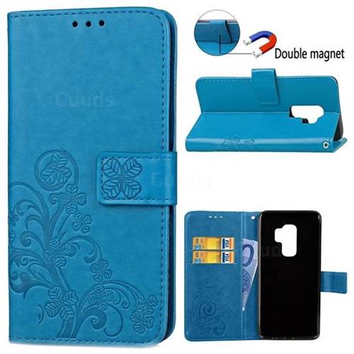 Embossing Imprint Four-Leaf Clover Leather Wallet Case for Samsung Galaxy S9 Plus(S9+) - Blue