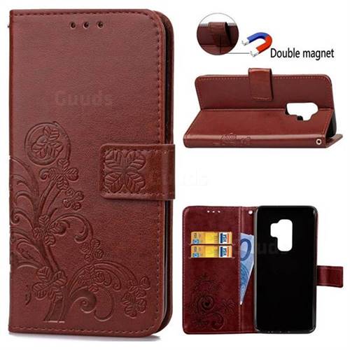 Embossing Imprint Four-Leaf Clover Leather Wallet Case for Samsung Galaxy S9 Plus(S9+) - Brown