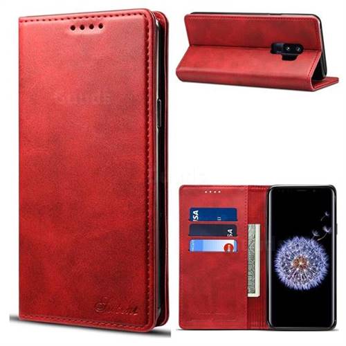 Suteni Simple Style Calf Stripe Leather Wallet Phone Case for Samsung Galaxy S9 Plus(S9+) - Red