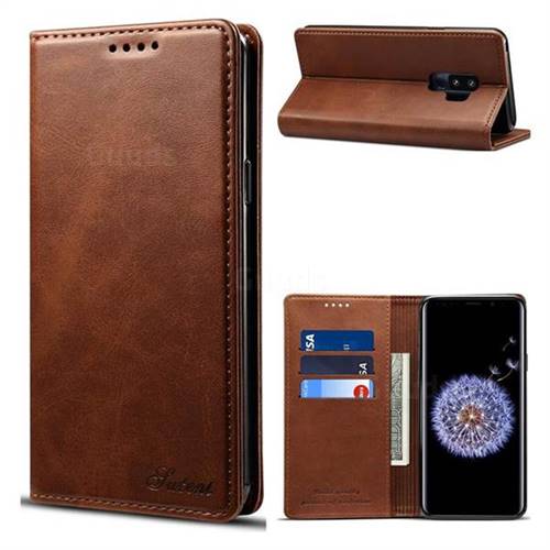 Suteni Simple Style Calf Stripe Leather Wallet Phone Case for Samsung Galaxy S9 Plus(S9+) - Brown