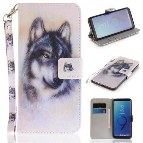 Snow Wolf Hand Strap Leather Wallet Case for Samsung Galaxy S9 Plus(S9+)