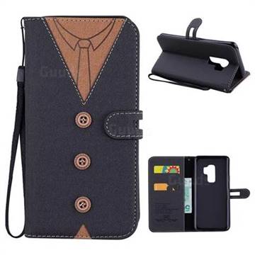 Mens Button Clothing Style Leather Wallet Phone Case for Samsung Galaxy S9 Plus(S9+) - Black