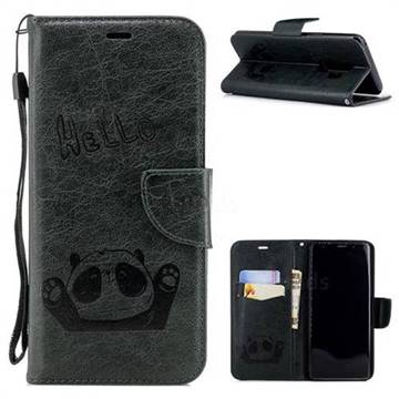 Embossing Hello Panda Leather Wallet Phone Case for Samsung Galaxy S9 Plus(S9+) - Seagreen
