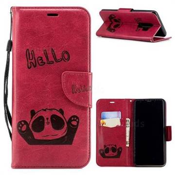 Embossing Hello Panda Leather Wallet Phone Case for Samsung Galaxy S9 Plus(S9+) - Red