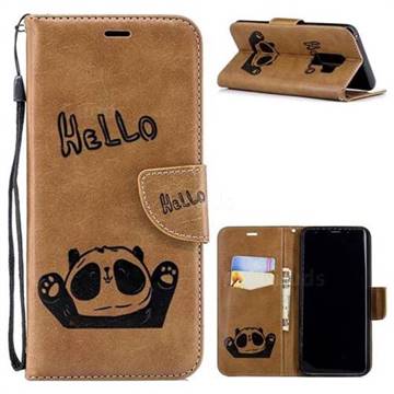 Embossing Hello Panda Leather Wallet Phone Case for Samsung Galaxy S9 Plus(S9+) - Brown