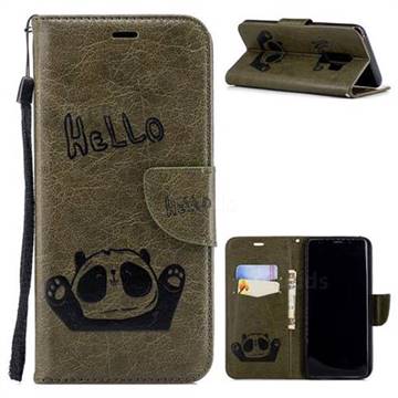 Embossing Hello Panda Leather Wallet Phone Case for Samsung Galaxy S9 Plus(S9+) - Olive Green