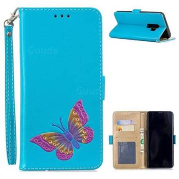 Imprint Embossing Butterfly Leather Wallet Case for Samsung Galaxy S9 Plus(S9+) - Sky Blue