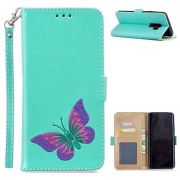 Imprint Embossing Butterfly Leather Wallet Case for Samsung Galaxy S9 Plus(S9+) - Mint Green