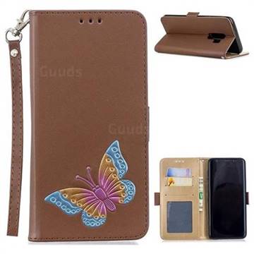 Imprint Embossing Butterfly Leather Wallet Case for Samsung Galaxy S9 Plus(S9+) - Brown