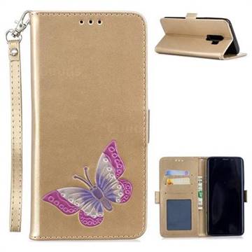 Imprint Embossing Butterfly Leather Wallet Case for Samsung Galaxy S9 Plus(S9+) - Golden