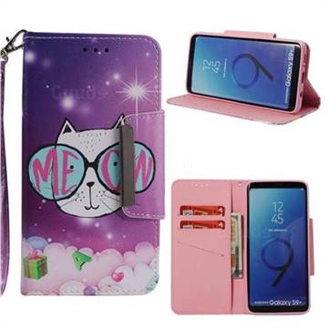 Glasses Cat Big Metal Buckle PU Leather Wallet Phone Case for Samsung Galaxy S9 Plus(S9+)