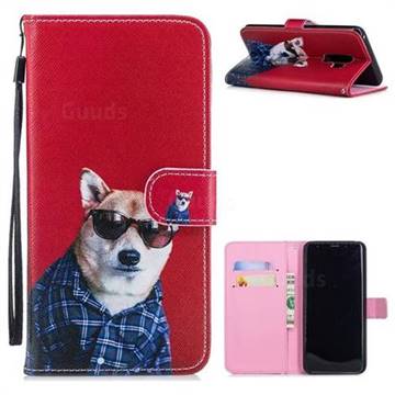 Glasses Shiba Inu Painting Leather Wallet Phone Case for Samsung Galaxy S9 Plus(S9+)
